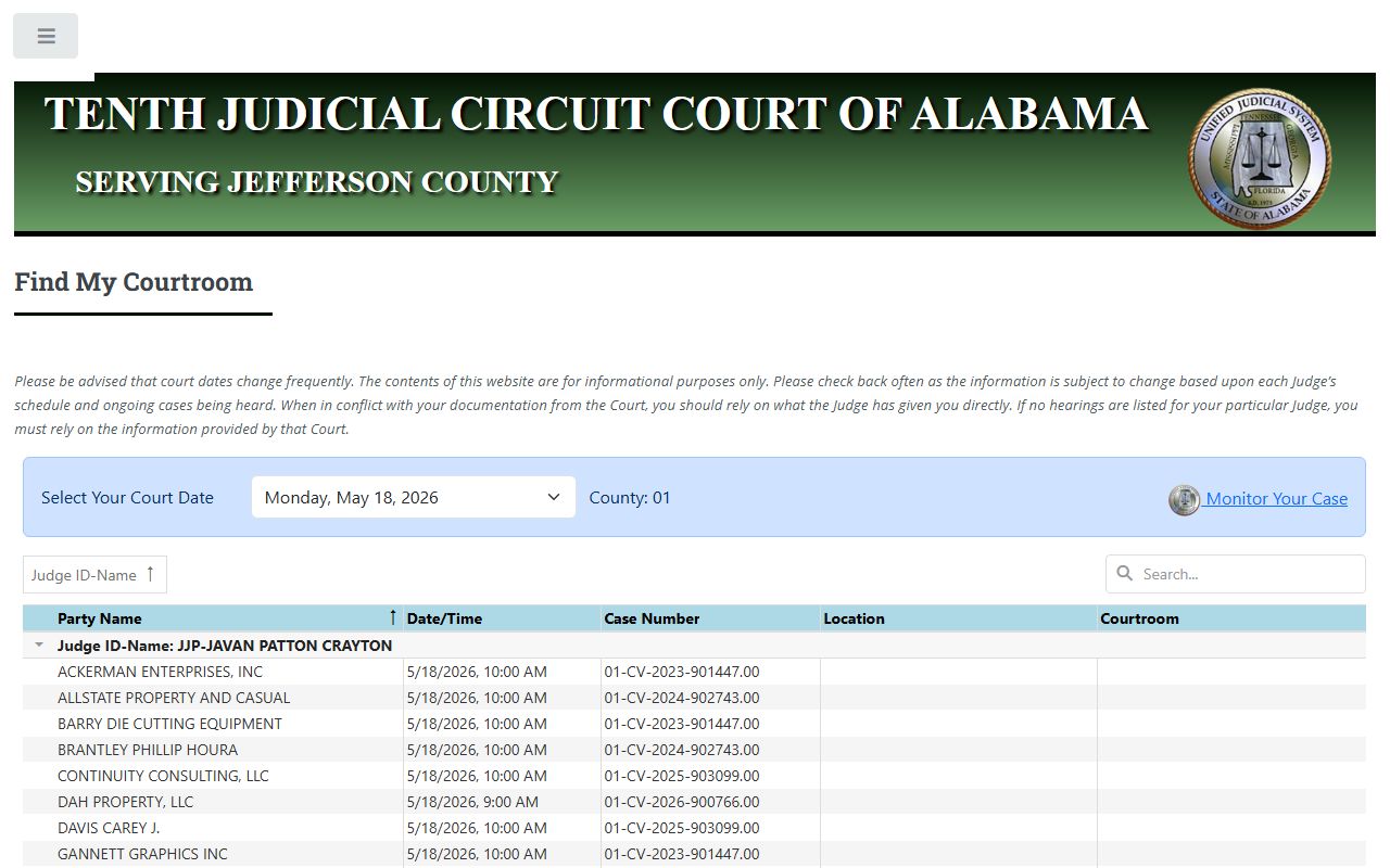 Jefferson County court dockets Find My Courtroom page