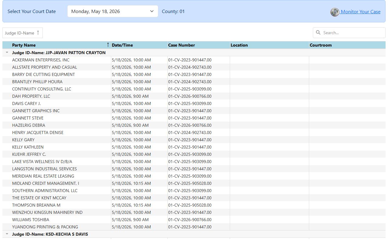 Jefferson County court docket list embedded interface
