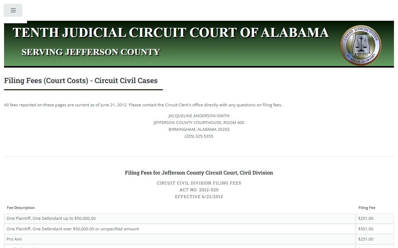 Jefferson County circuit civil filing fee table