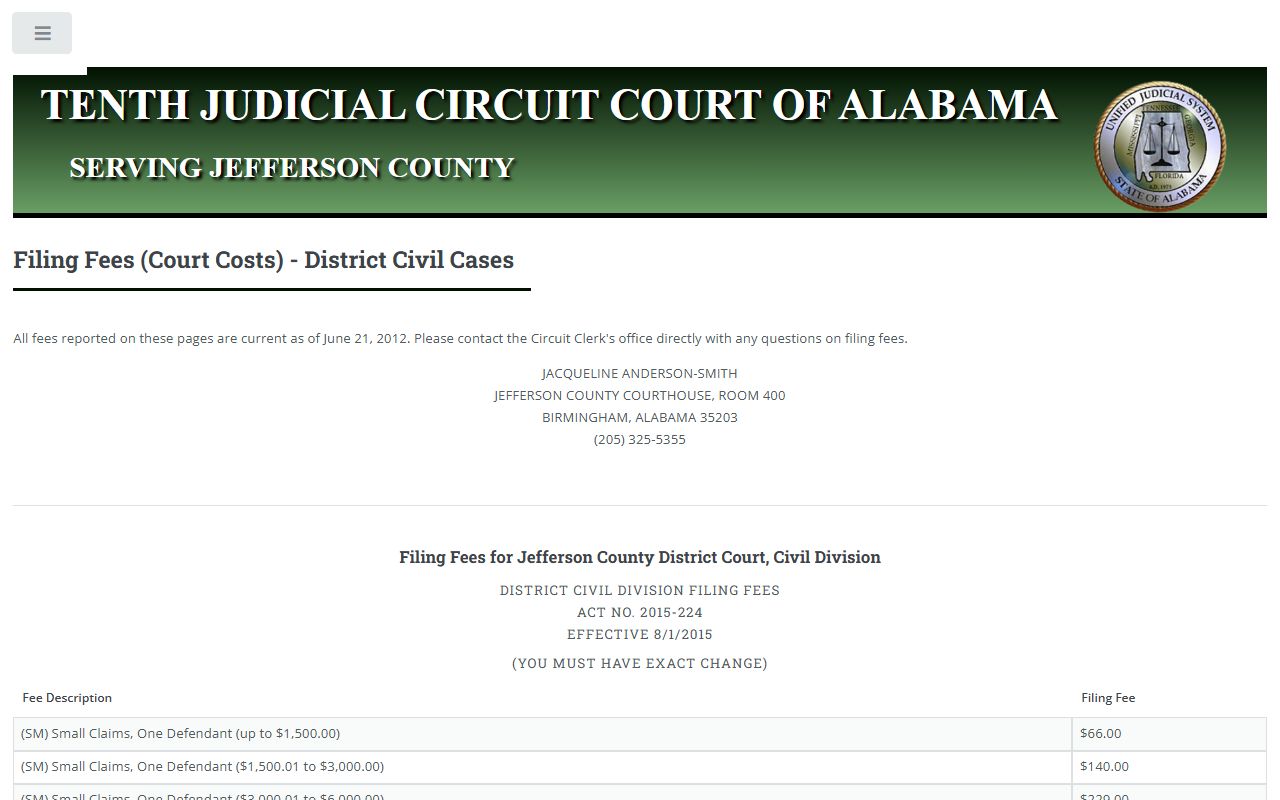 Jefferson County district civil filing fee table