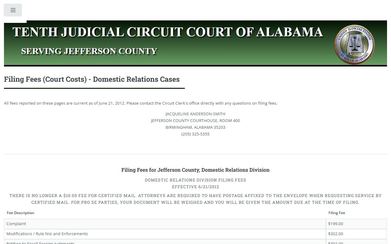 Jefferson County domestic relations and divorce filing fees