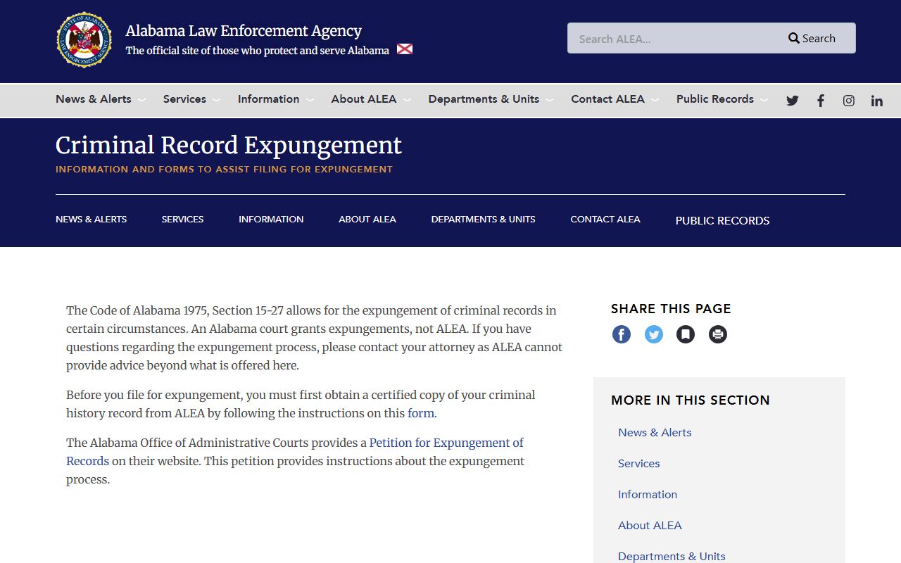 ALEA Alabama criminal record expungement process page